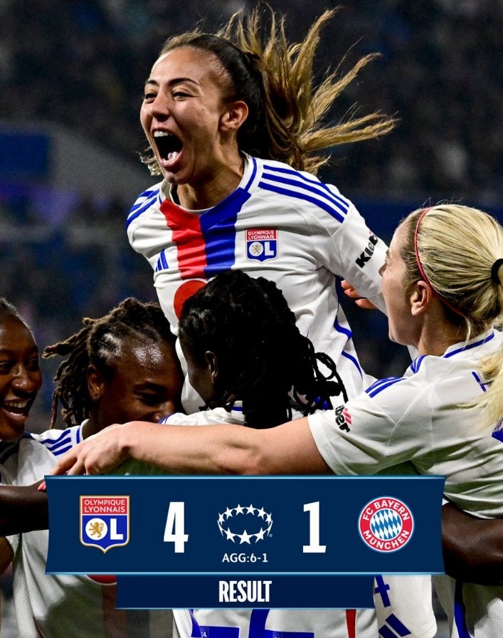 里昂女足4-1大勝拜仁女足，總比分6-1晉級女足歐冠半決賽